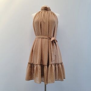 Just Taylor Beige Polka Dot High Neck Sleeveless Dress Size 6 A-Line Coquette